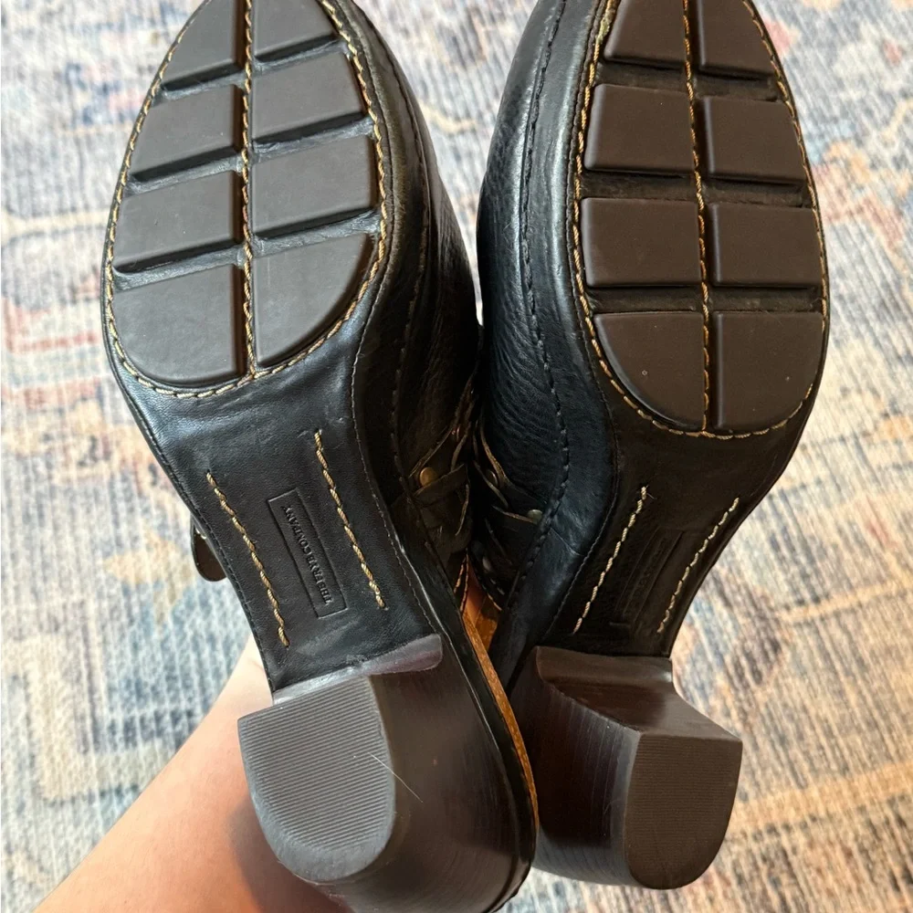 Frye Candice Black Leather Heels Mules Clogs Braided Strap with Buckle - Picture 7 of 10